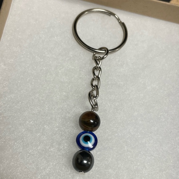 Tigers Eye & Hematite / Evil Eye Keychain, Handmade - Picture 3 of 5